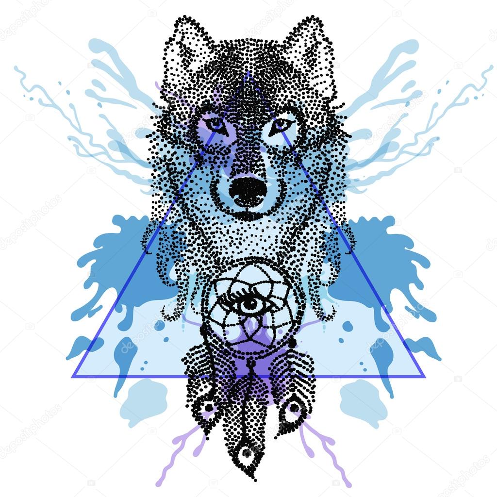 Dotwork tatoo stylized Wolf face with dreamcatcher  in triangle 