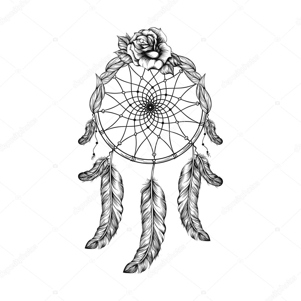 Dream catcher with feathers, leafs and rose  in line art style, 