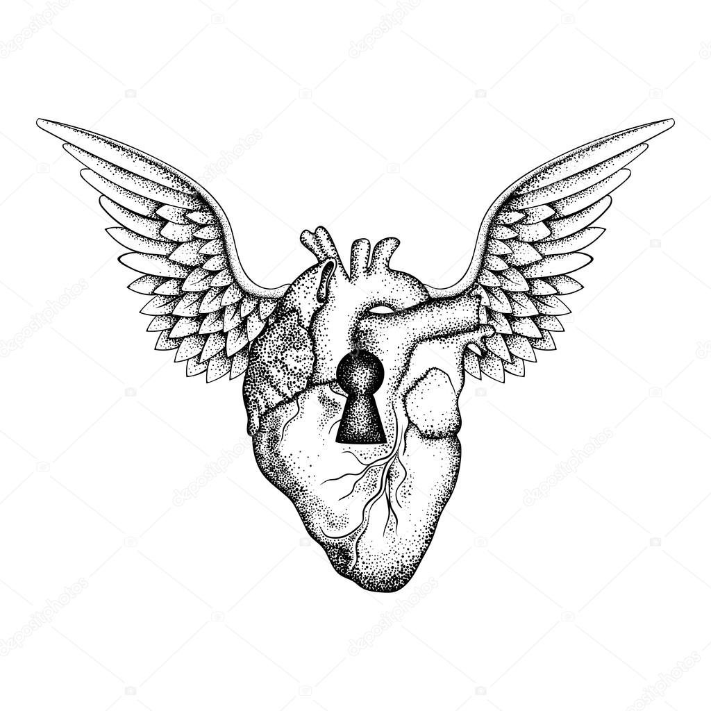 Hand drawn elegant anatomic human heart with wings and keyhole, 