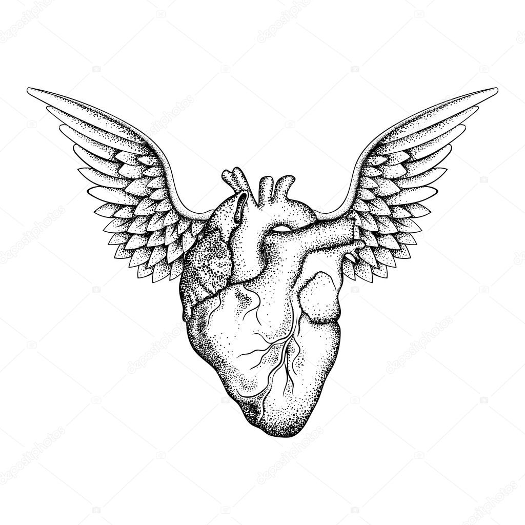 Hand drawn elegant heart with wings, black sketch for t-shirt pr