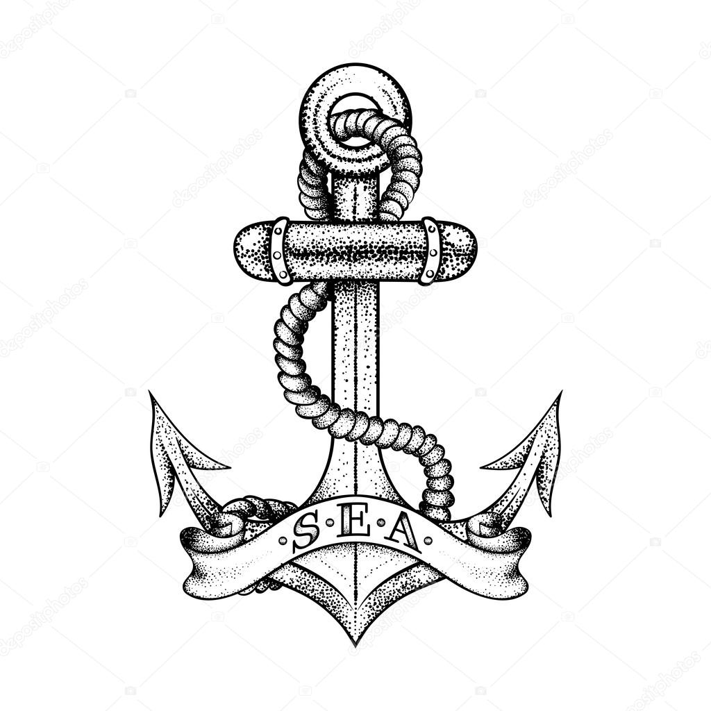 Hand drawn elegant ship sea anchor with rope and banner, black s