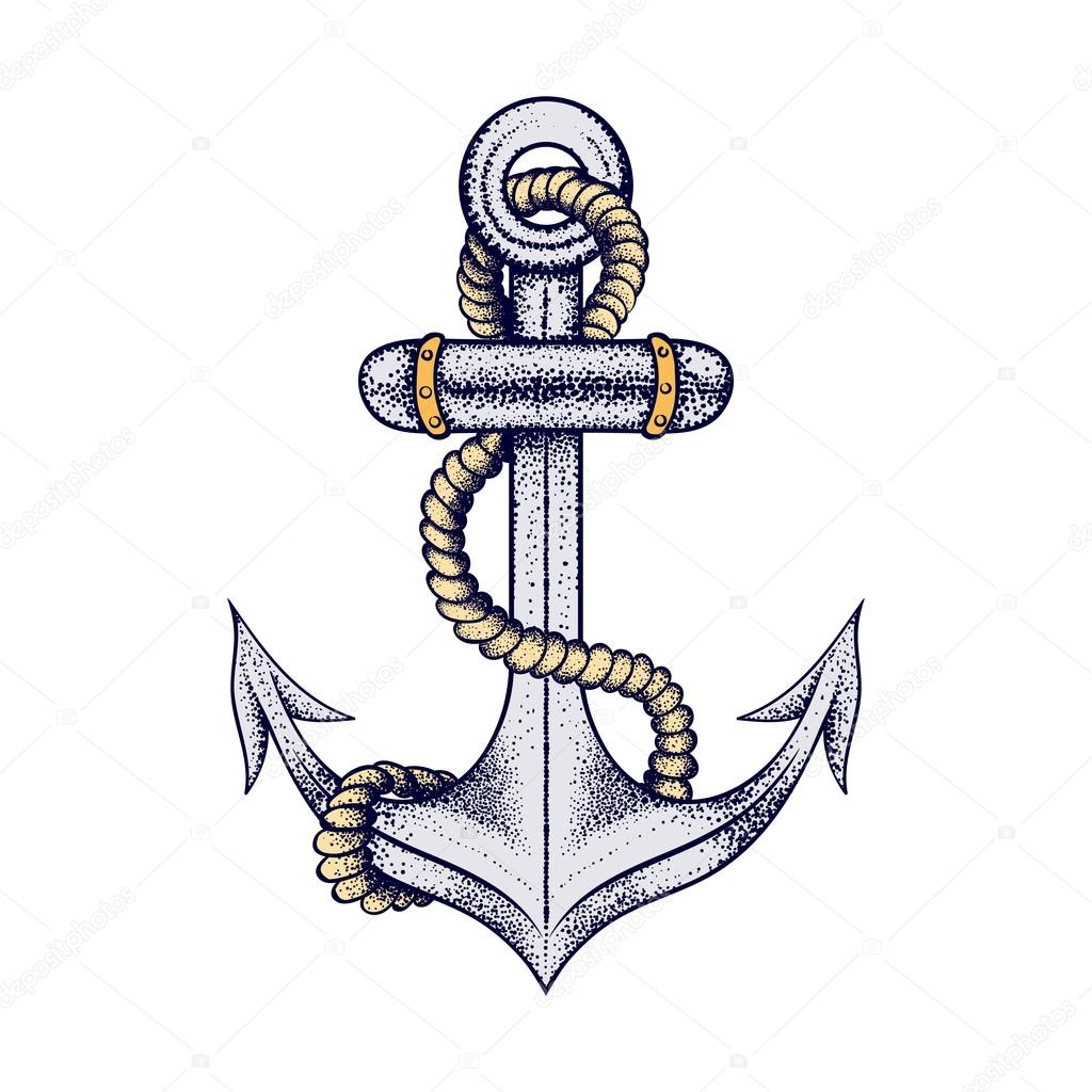 Hand drawn elegant ship sea anchor with rope, colored sketch for