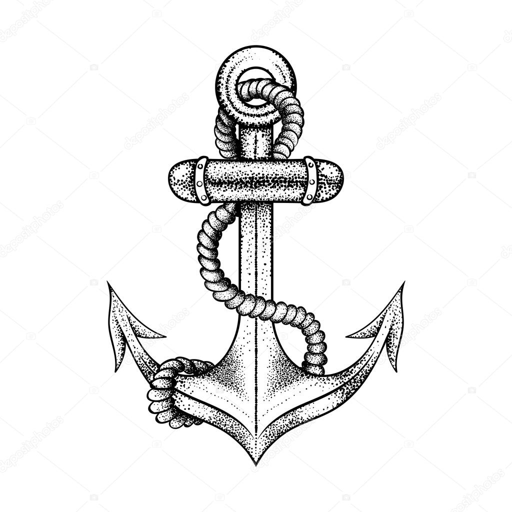 Hand drawn elegant ship sea anchor with rope, black sketch for t