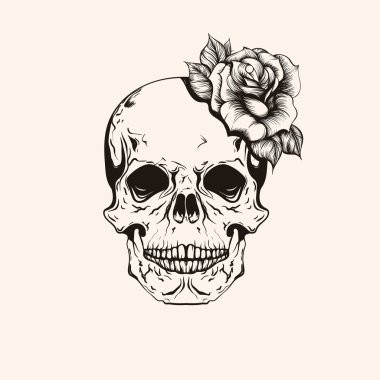 Hand drawn sketch scull with rose tattoo line art. Vintage vecto