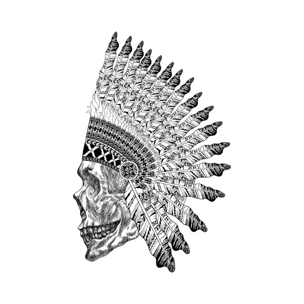 Ombrage scull avec bannière de guerre à plumes dans le style zentangle, tête — Image vectorielle