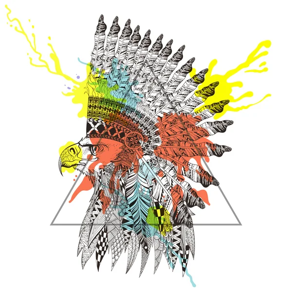 Cabeza estilizada Zentangle de águila en sombrero de guerra emplumado en tri — Vector de stock