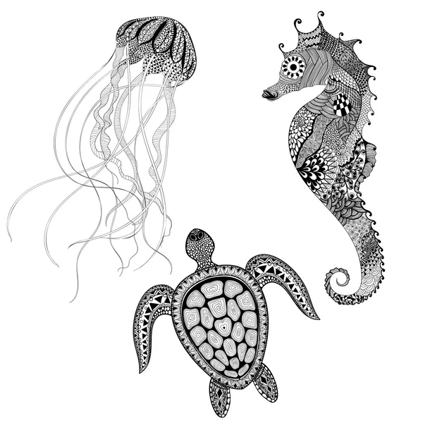 Zentangle stilize edilmiş siyah kaplumbağa, deniz atı ve denizanası. El D