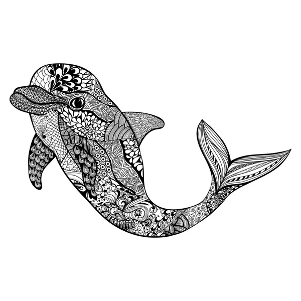 Delfino stilizzato Zentangle. Disegnato a mano vettore scarabocchio acquatico ill — Vettoriale Stock