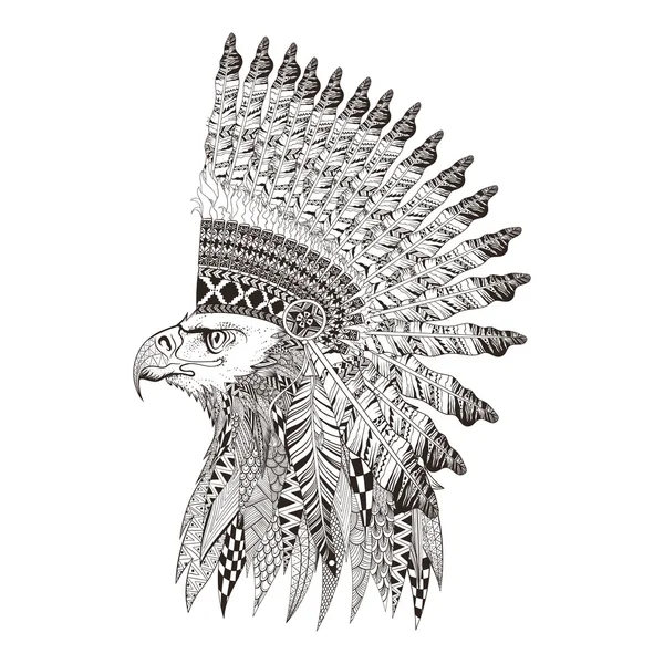 Zentangle stylized head of eagle in feathered war bannet. Hand D — ストックベクタ