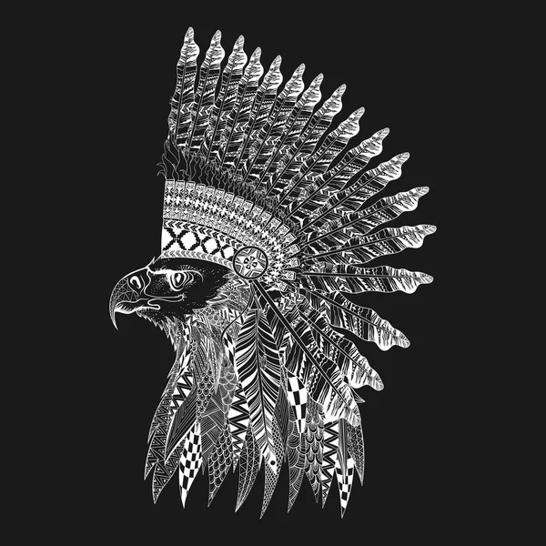 Cabeza estilizada de águila Zentangle en sombrero de guerra emplumado. Mano D — Vector de stock