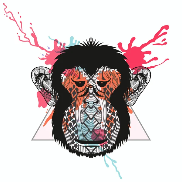 Zentangle rosto de macaco estilizado em moldura triangular com aquarela —  Vetores de Stock