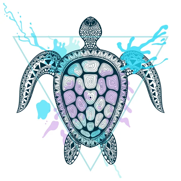 Zentangle stilisierte Meeresschildkröte im Dreiecksrahmen mit Aquarell — Stockvektor