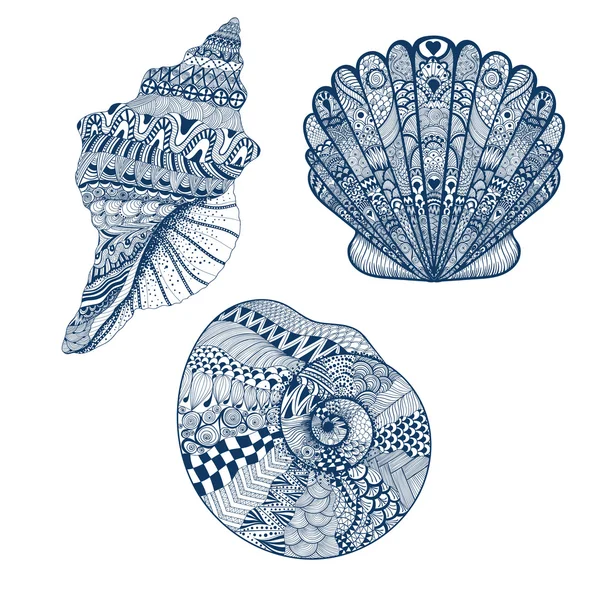 Conjunto estilizado Zentangle conchas marinas azules. Vector dibujado a mano illustr — Vector de stock