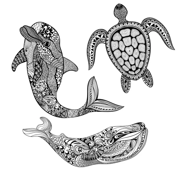 Zentangle estilizado conjunto de animales marinos. Delfín negro, ballena y tur — Archivo Imágenes Vectoriales