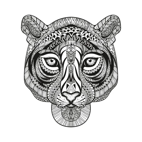Cara de tigre estilizada de Zentangle. Dibujado a mano doodle vector illustra — Vector de stock