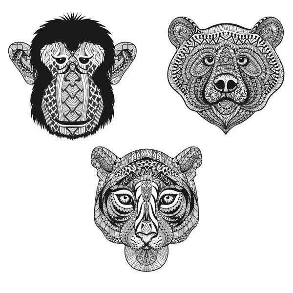 Zentangle stylizowane tygrysa, małpy, niedźwiedź twarze. Ręcznie rysowane bazgroły — Wektor stockowy