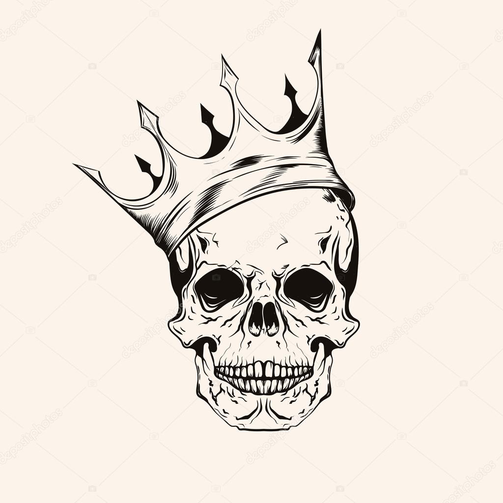 Hand drawn sketch scull with crown tattoo line art. Vintage vect