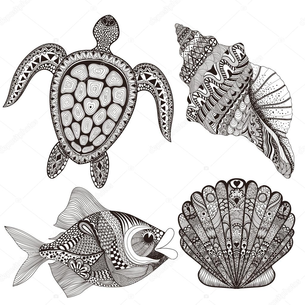 Zentangle stylized black sea shells, fish and turtle. Hand Drawn