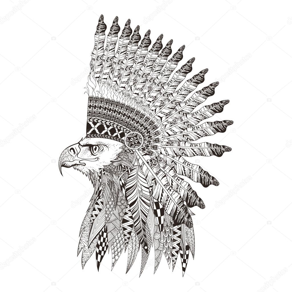 Zentangle stylized head of eagle in feathered war bannet. Hand D