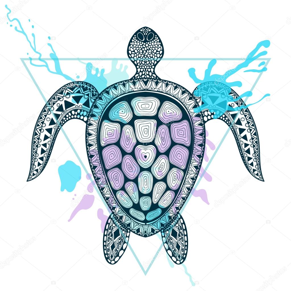 Zentangle stylized Ocean Turtle in triangle frame with watercolo