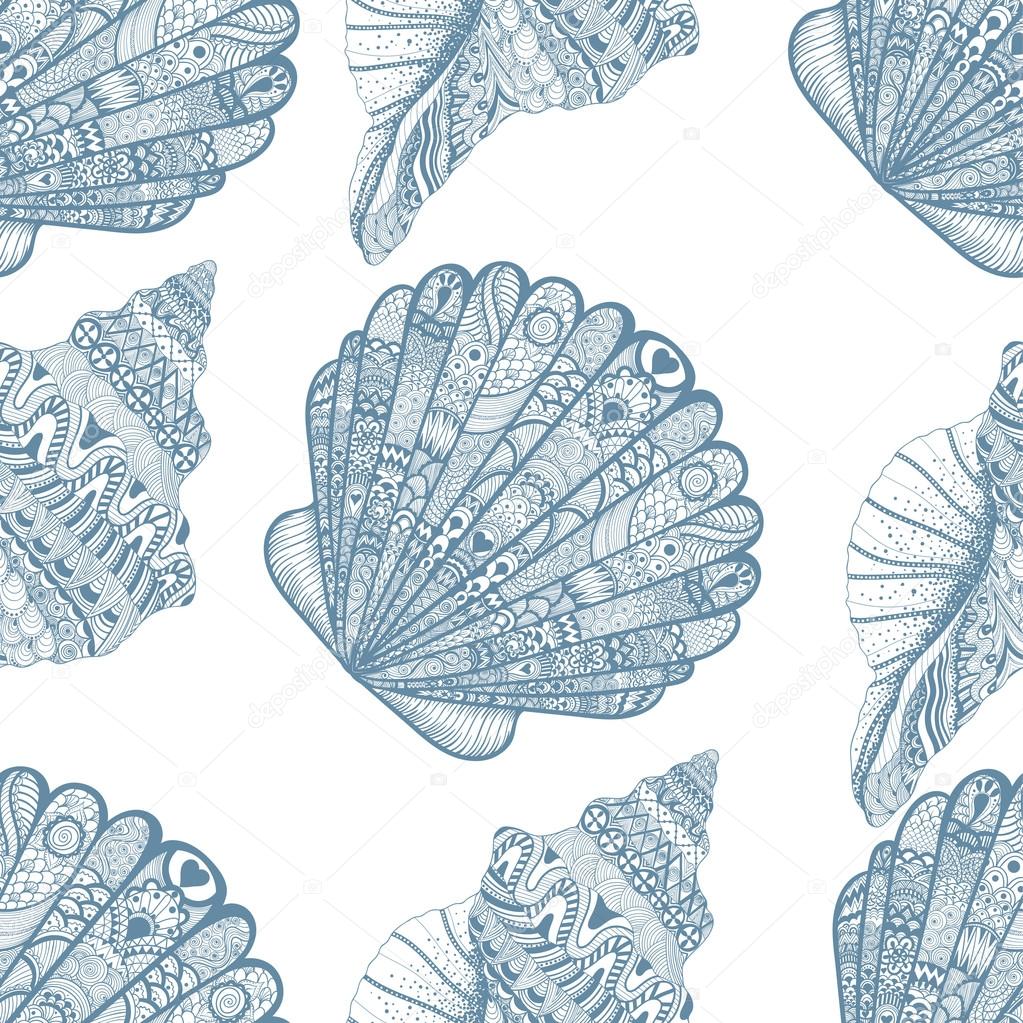 Zentangle stylized ocean shells seamless pattern. Hand Drawn  do