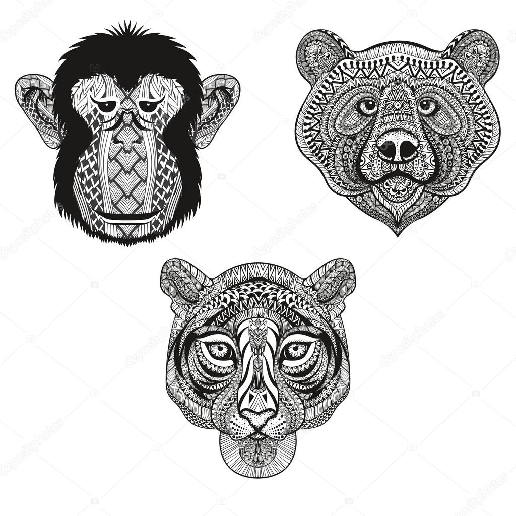Zentangle stylized Tiger, Monkey, Bear faces. Hand Drawn doodle 