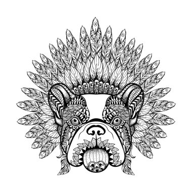 Hand Drawn French Bulldog in Feathered War bonnet in zentangle s clipart