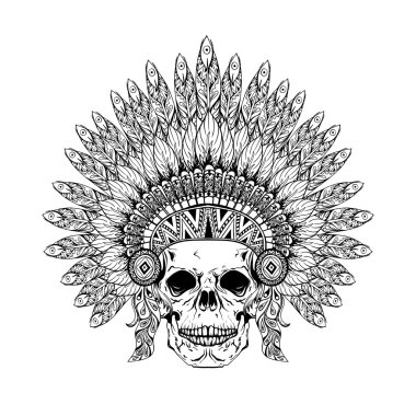 Hand Drawn Skull in zentangle Feathered War bonnet, high dataile