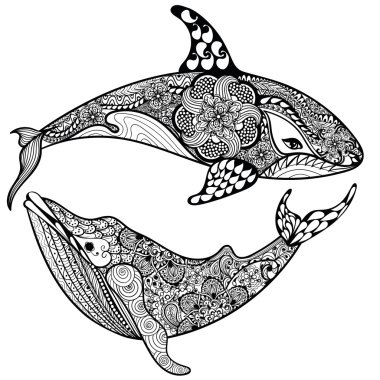 Zentangle stylized Sea Shark and Whale. Hand Drawn vector illust