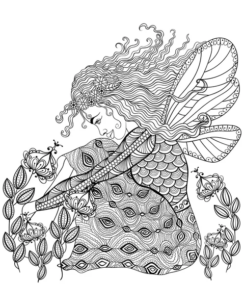 Лесная фея с крыльями в цветах для взрослых антистрессовая раскраска — стоковый вектор