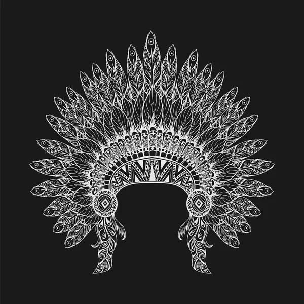 Hand Drawn Feathered War bonnet in zentangle style, high dataile — Stock vektor