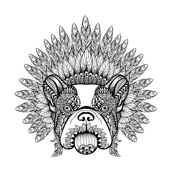 Hand Drawn French Bulldog in Feathered War bonnet in zentangle s — Stock vektor