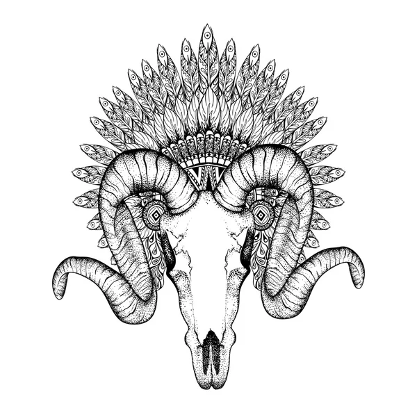 Hand Drawn Goat Skull in zentangle Feathered War bonnet, high da — Stock vektor