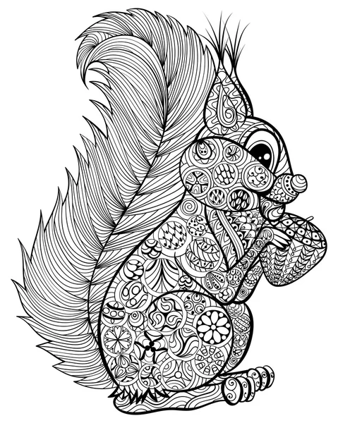 Hand drawn funny squirrel with nut  for adult anti stress Colori — Stock vektor