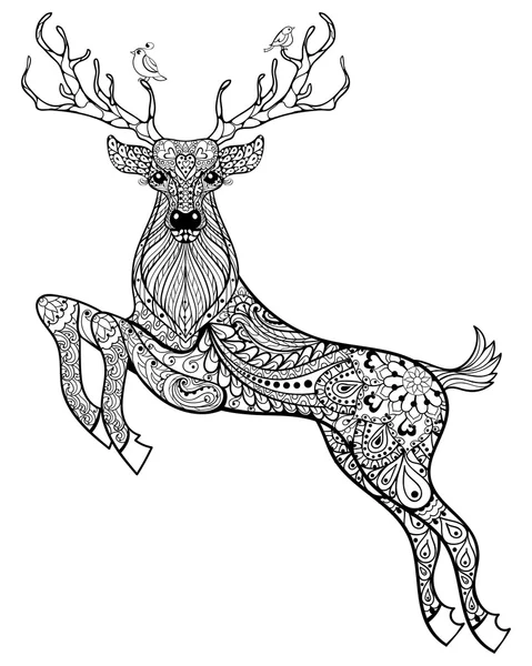 Hand drawn magic horned deer with birds for adult anti stress Co — Stockový vektor