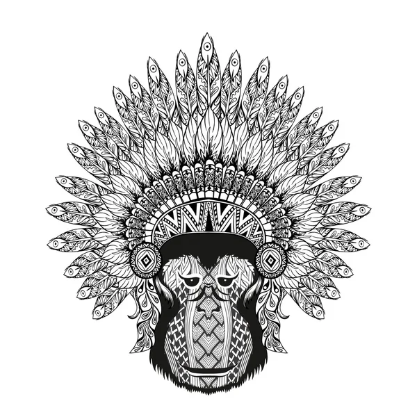 Hand Drawn patterned Monkey in zentangle style with Feathered Wa — Stock vektor