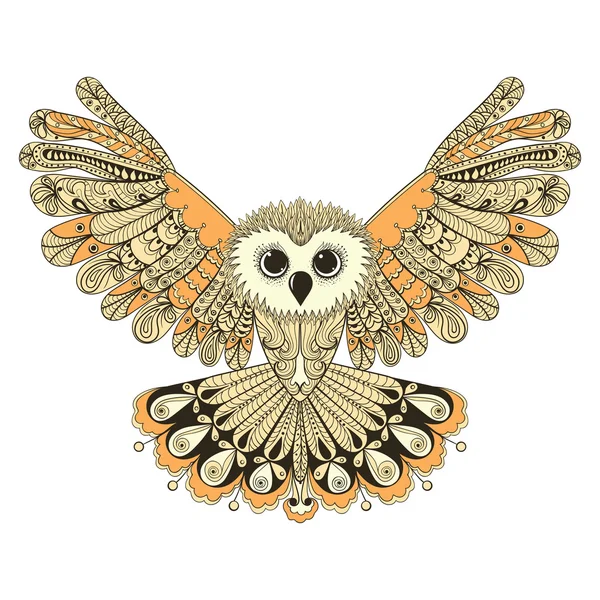 Zentangle stylized Brown flying Owl. Hand Drawn vector illustrat