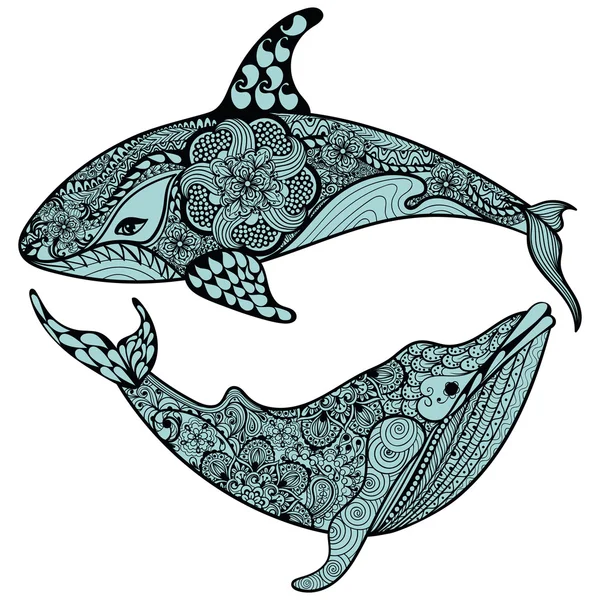 Zentangle estilizado Blue Sea Shark and Whale. Vector dibujado a mano i — Vector de stock