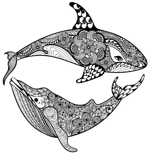 Zentangle stylized Sea Shark and Whale. Hand Drawn vector illust — Stok Vektör