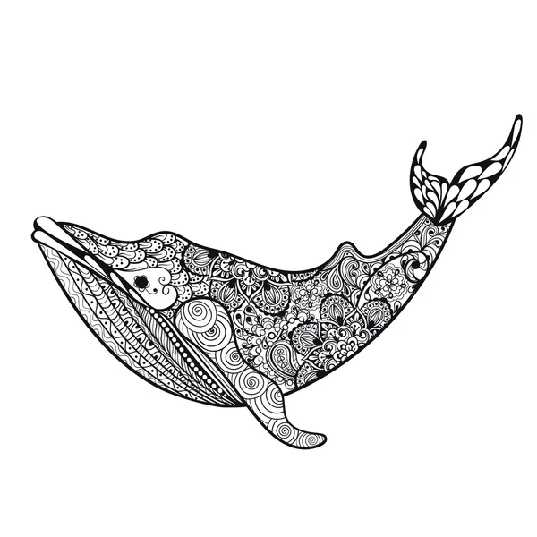 Zentangle estilizado baleia marinha. ilustração vetor desenhado à mão iso — Vetor de Stock