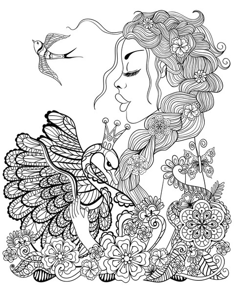 Fada da floresta com grinalda na cabeça abraçando cisne em flor para anti Ilustração De Stock