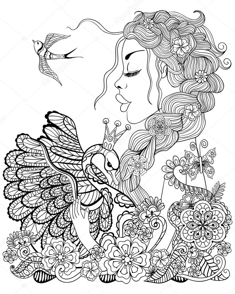 Forest fairy with wreath on head hugging swan in flower for anti