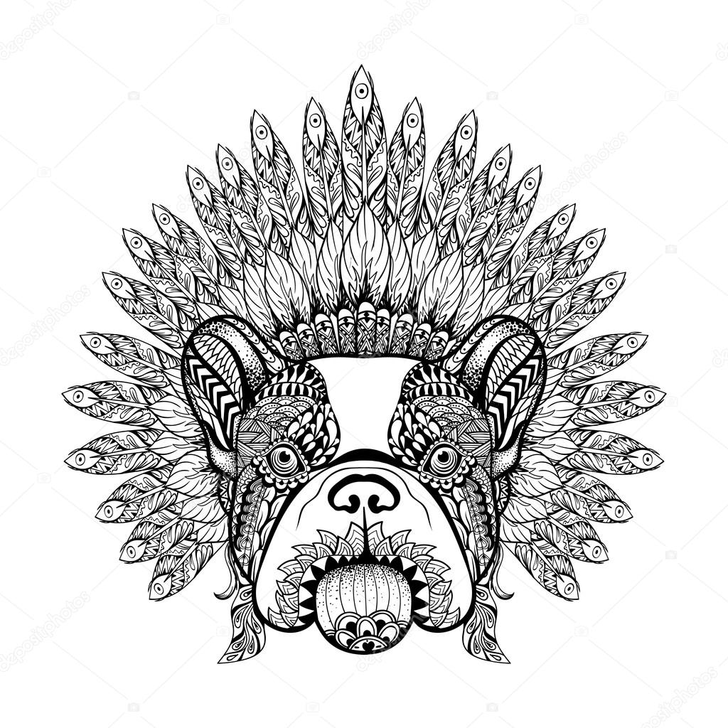 Hand Drawn French Bulldog in Feathered War bonnet in zentangle s
