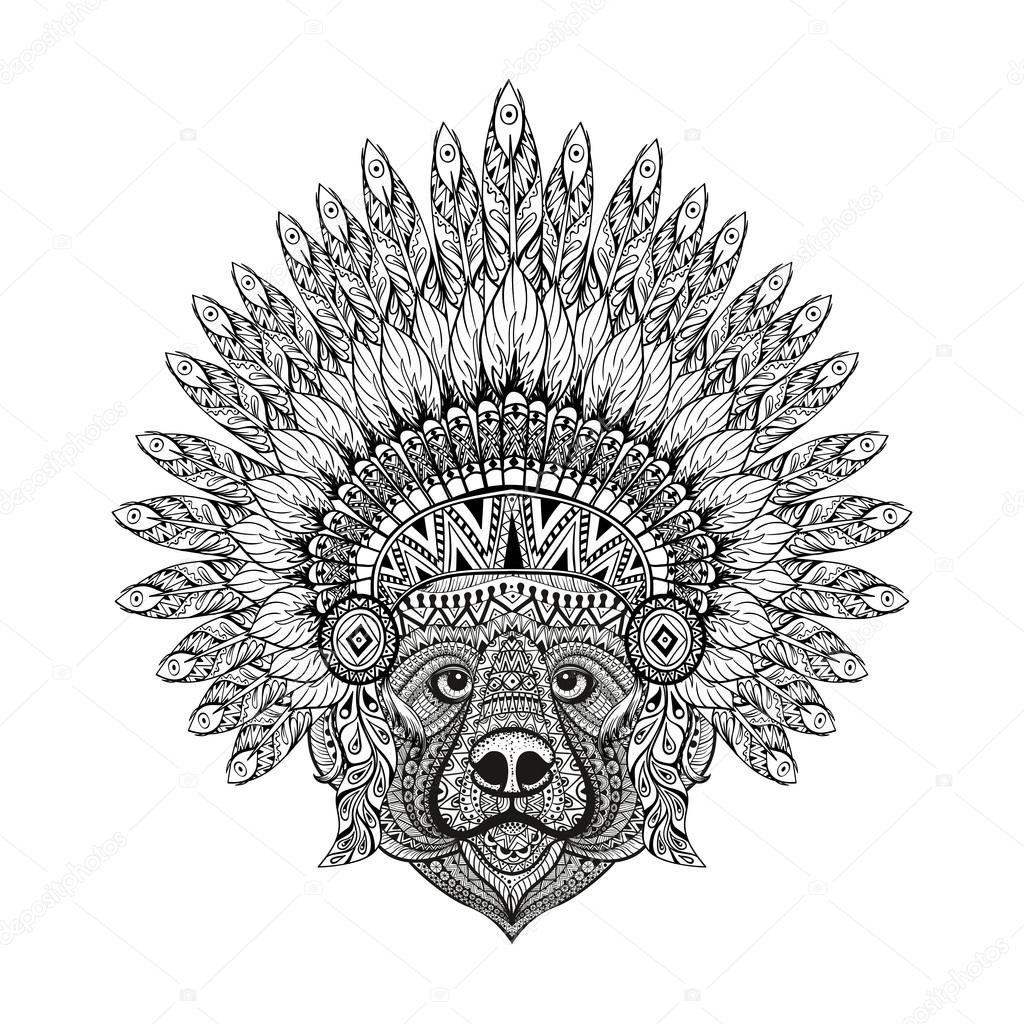 Hand Drawn patterned Bear in zentangle style in  Feathered War b