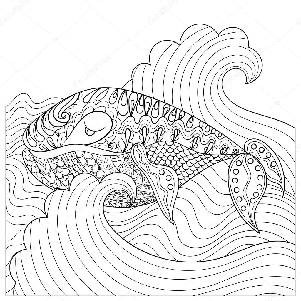 Hand drawn whale in the waves for antistress Coloring Page with 