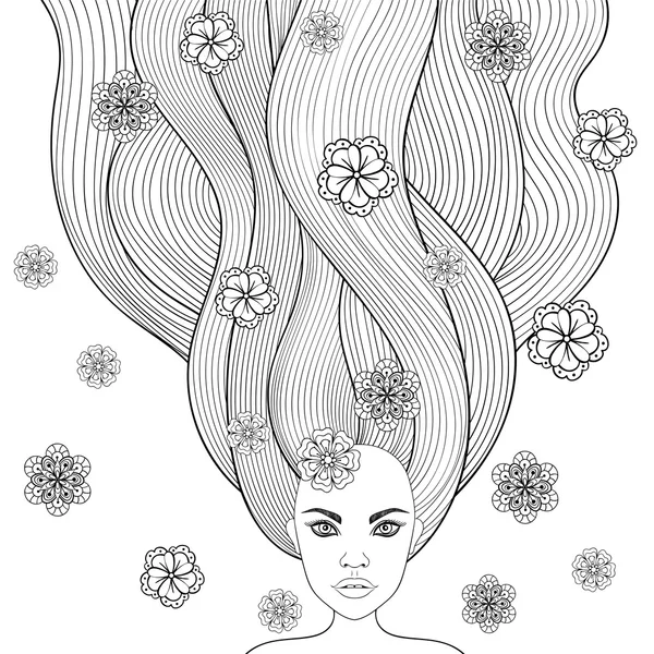 Chica dibujada a mano como hada del bosque con pelo largo y flores. Co — Vector de stock