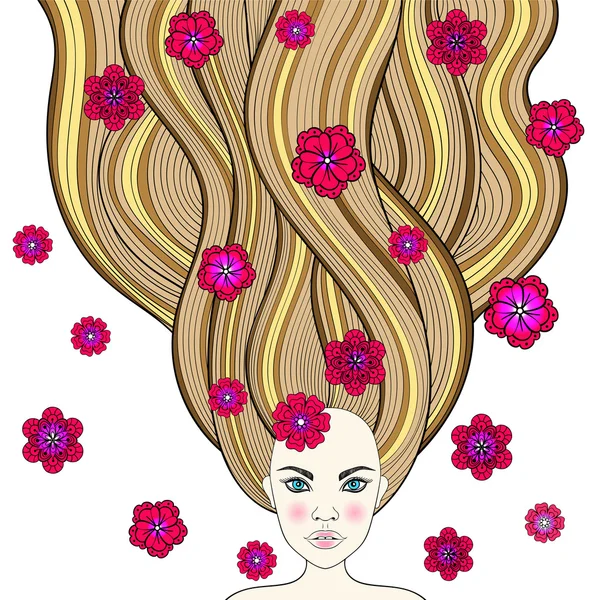 Disegnato a mano ragazza di moda come fata foresta con i capelli lunghi e flo — Vettoriale Stock