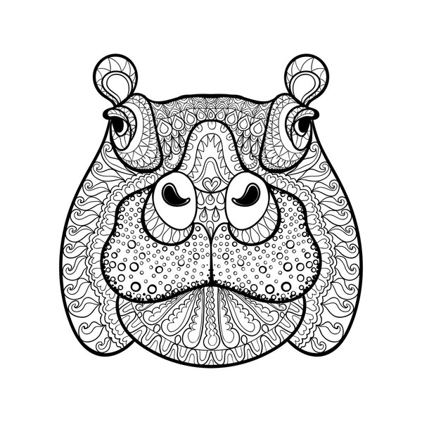 Hand drawn tribal hippopotamus head, animal totem for adult Colo
