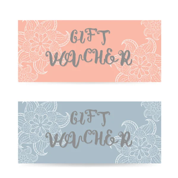 Pink and blue Gift voucher template with lace zentangle pattern — Stock Vector