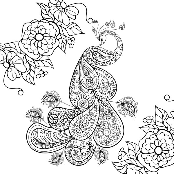 Zentangle Peacock totem in flowersfor adult anti stress Coloring